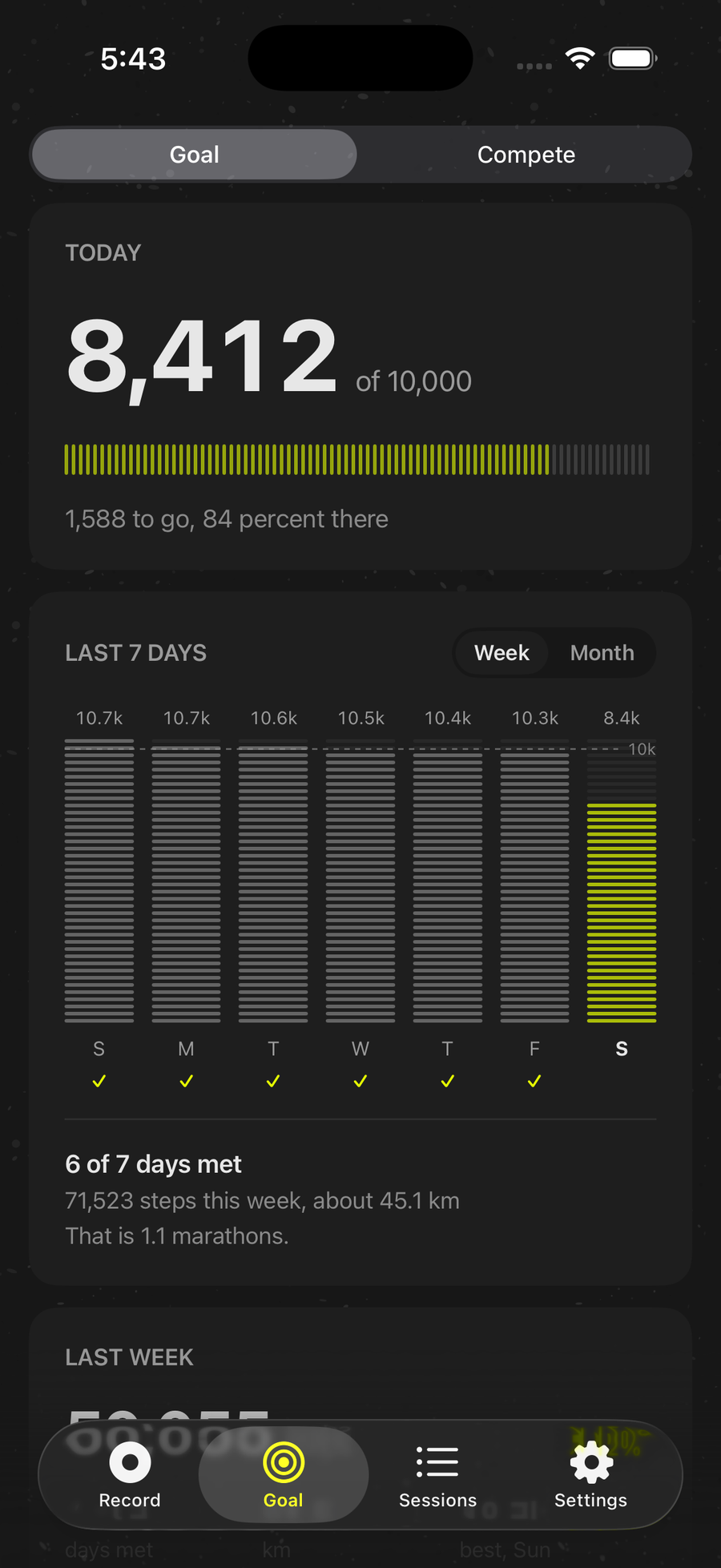 Waalk Goal tab: today's steps against the goal and the last 7 days