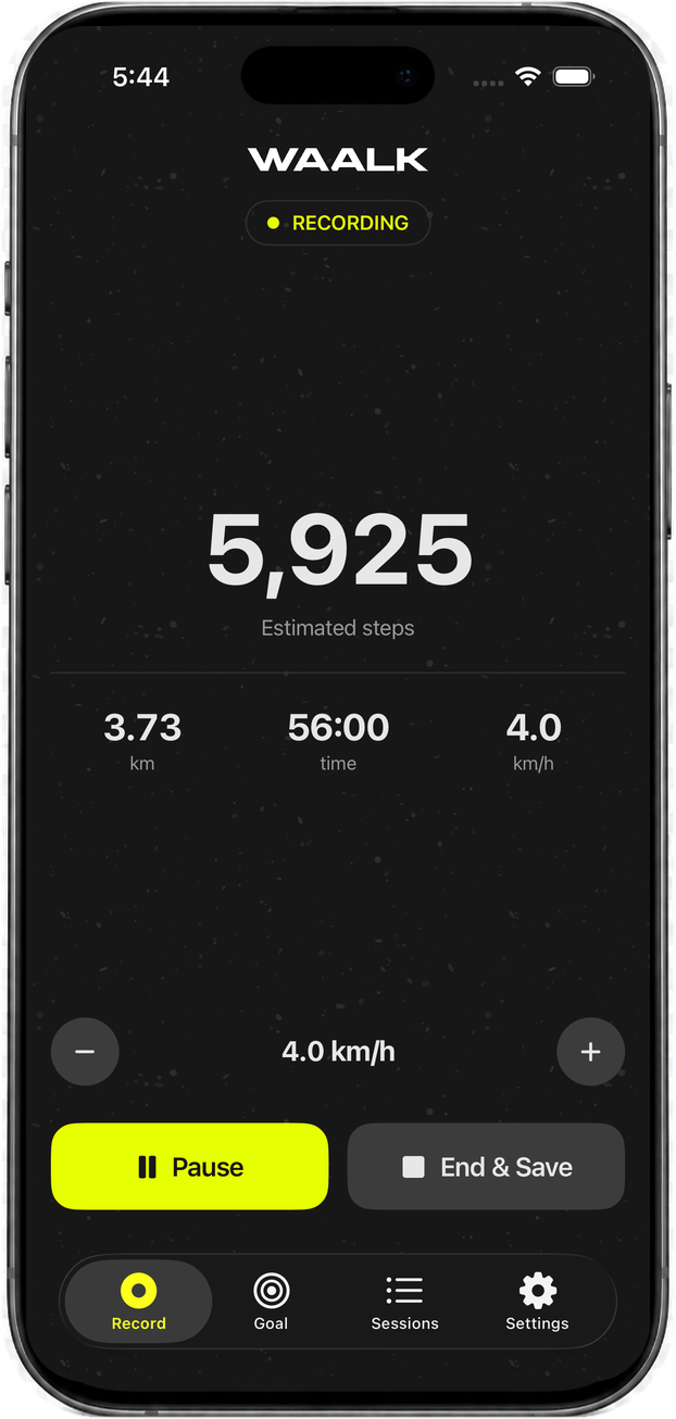 iPhone running Waalk mid walk: 5,925 estimated steps, 3.73 km, 56:00 at 4.0 km/h, with Pause and End and Save
