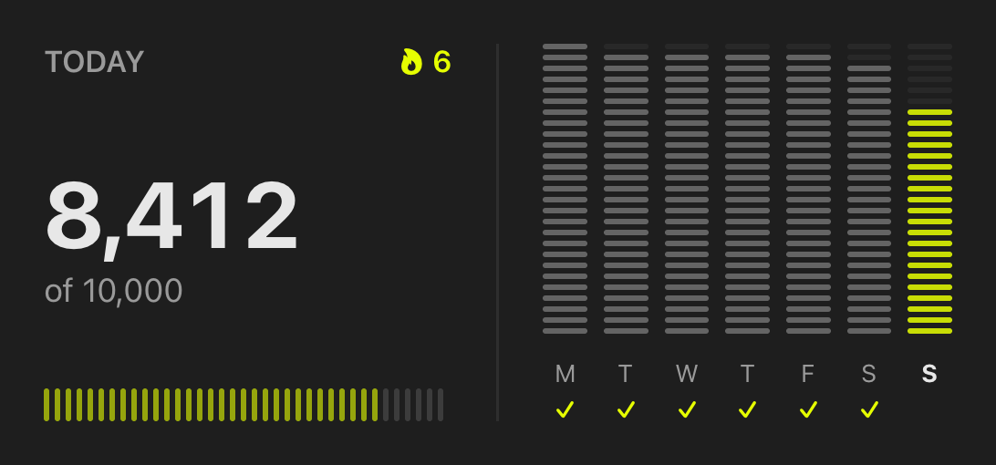 Medium home screen widget: 8,412 of 10,000 steps today, a 6 day streak, and the last 7 days